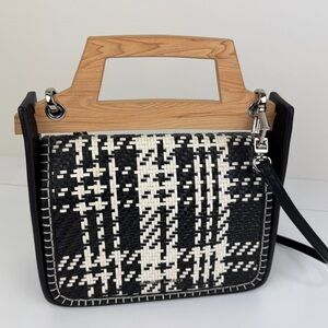 Charles & Keith Black White Woven Crossbody Bag Wooden Top Handle